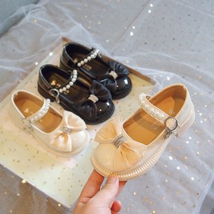Girls Small Leather Shoes 2023 Autumn New Fashion Pearl Bow Children Princess Shoes Little Girl Shoes