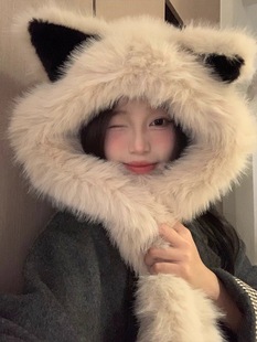 Winter fox ears raccoon fur hat women's scarf one-piece warm fleece-lined thick scarf gloves two-piece set