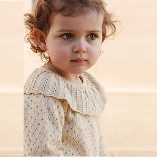 Korean Style Children's Wear Autumn and Winter Girls' Autumn Wear Baby Girl's Knitted Sweater with Lotus Collar Pullover Sweater Thin Pure Cotton konges