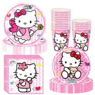 Sanrio hello kitty Hello Kitty Party Paper Tray Paper Cup Paper Towel Tablecloth Disposable Tableware suit