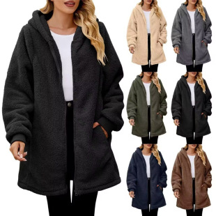 Amazon 2023 autumn and winter new foreign trade women's clothing mid-length solid color hooded versatile casual plush cardigan jacket