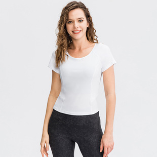 Women's Fitness Short-sleeved Round Neck Tight Quick-drying Sports T-shirt Stretch Running High Waist Yoga Clothes Top 02215