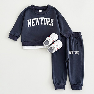 Korean-style Boy Baby Two-piece Letter Printed Fake Two-piece Long-sleeved Sweatshirt Plus Sports Trousers Spring and Autumn suit Cross-border
