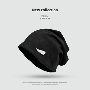 Autumn and Winter lazy style solid color silver label pile hat plain loose face covering casual ins style big head circumference pullover hat