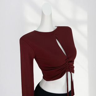 Front and rear wear super soft drawstring hollow lace-up high waist short t-shirt women backless hot american long sleeve top