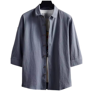 Summer New Men's Simple Seven-sleeve Linen Shirt Loose plus size Lapel Single-breasted Solid Color Shirt Men's Wear
