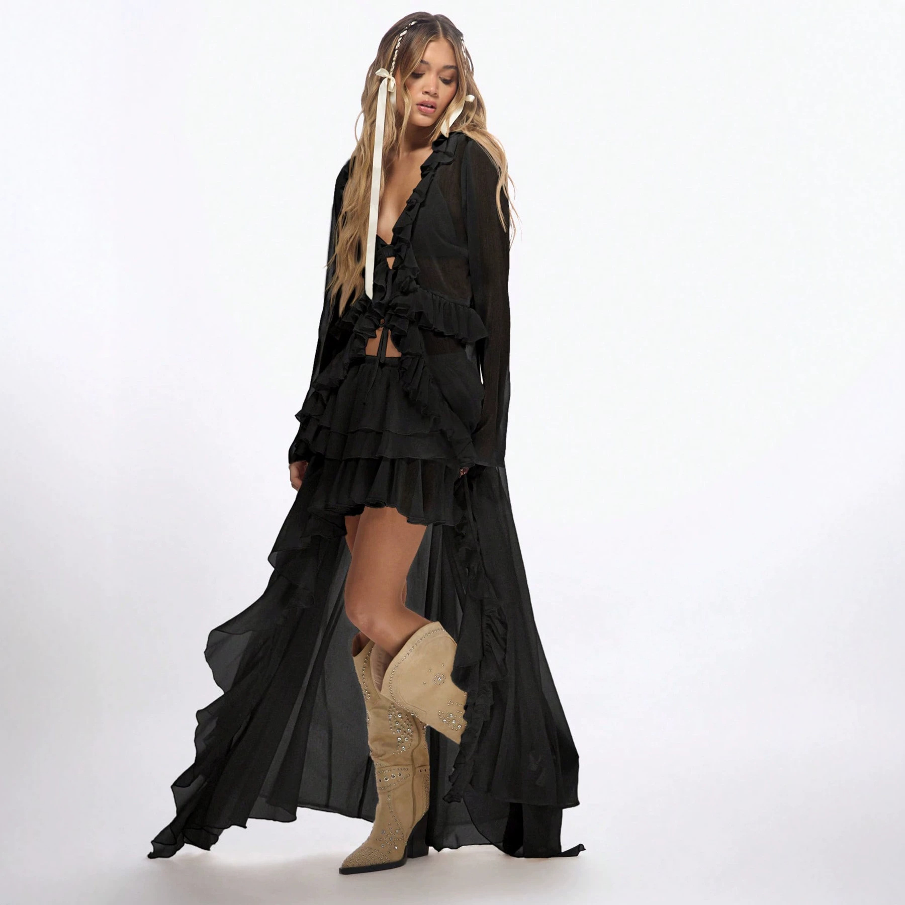 European and American Style Light Luxury Sheer Chiffon High-Waisted Skirt with Ruffles, Irregular Layered Design, Sexy Style, Floor-Length Skirt
