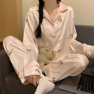 Ice Silk Pajamas Women's Spring and Autumn Love New Home Clothes Autumn Women's Design Sense plus size Internet Celebrity suit Ins