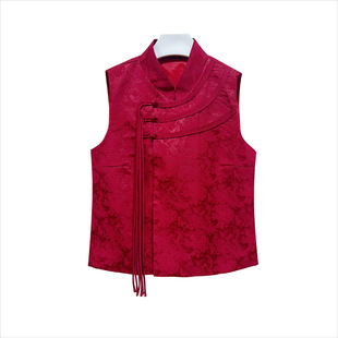Spring and Summer New Yang Mi Same Style Casual Vest National Style Red Buckle High Collar Vest Top