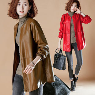 2023 leather coat women's leather jacket windbreaker leather coat slimming plus size baseball uniform mid-length leather coat women