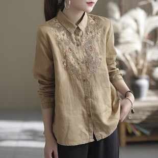 Spring New Casual Embroidered Long-sleeved Solid Color Linen Loose Vintage Artistic Women's Shirt 6812