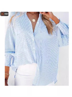 2023 European and American Spring and Autumn Cross-border New Long Sleeve Cardigan Shirt Striped Loose plus size Jacket Leisure 22106#