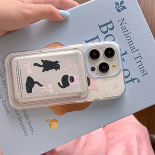 Blue Floral Black Cat Magnetic Bracket for iphone16Promax Apple 14 Phone Case 13 Card Bag 15 Women