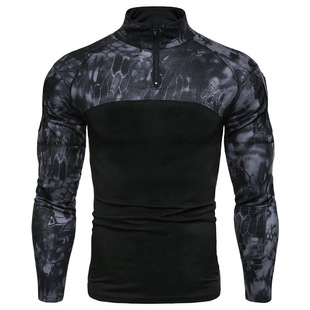 Amazon Men's American T-Shirt Military Style European Code Battlefield Outdoor Elastic Camouflage T-Shirt Men's Zipper Top Trendy