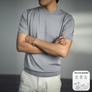 Deep European men's clothing [cooling factor] [Yilite imported yarn] knitted Joker summer round neck half sleeve