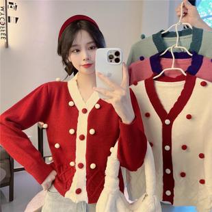 Western style age-reducing long-sleeved knitted cardigan for women Autumn New Japanese and Korean style Chanel style lace V-neck contrast color outerwear sweater