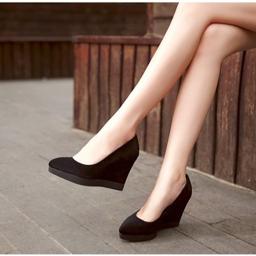 2026 Autumn Wedge Heel Shoes Women's Cowhide Matte High Heels Women's Shoes Workplace Black Work Shoes Leather Shoes