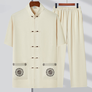 Summer New 2024 Middle-aged Tang Suit Men's Short-sleeved Loose Thin Breathable Embroidered Solid Color Men's Hanfu suit