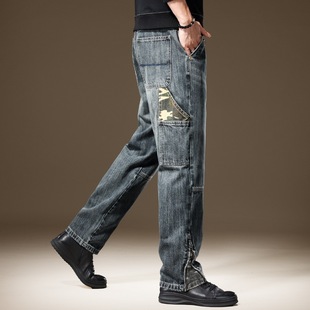 American-style heavy blue nostalgic washed jeans men's autumn straight loose fashion brand camouflage stitching casual pants men