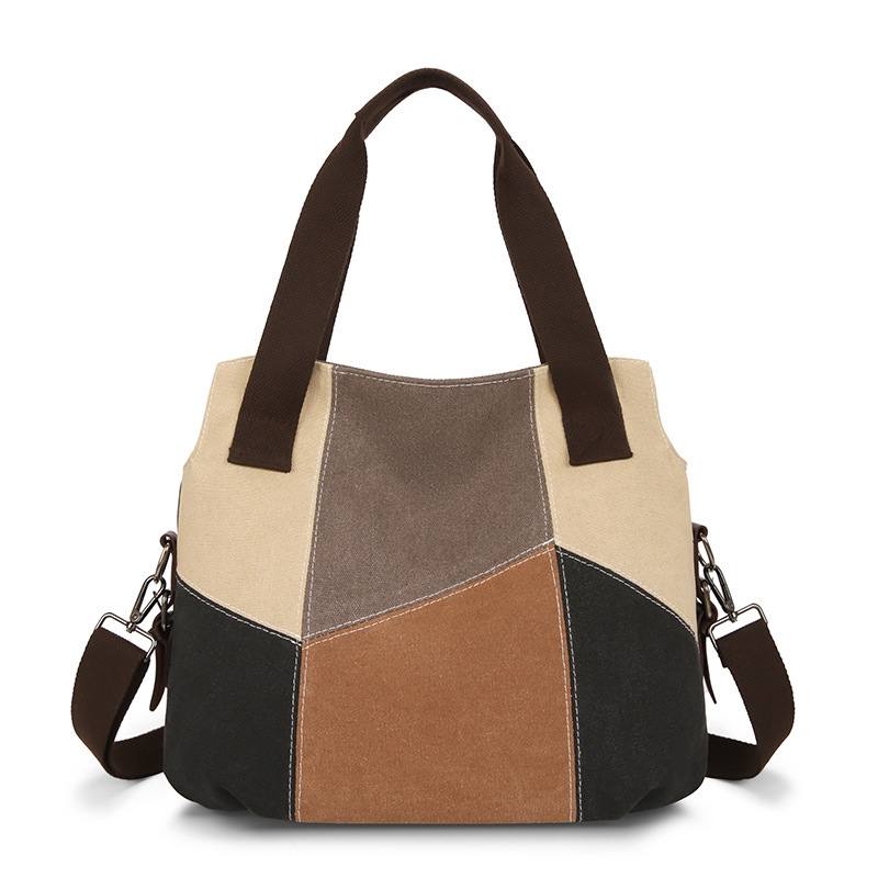 Cross-border fashion canvas bag for women, large capacity, retro patchwork color-block tote bag, new casual shoulder/crossbody bag.