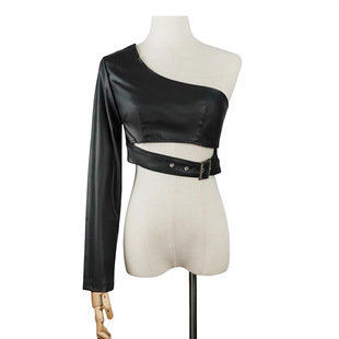 Cross-border locomotive punk single shoulder PU leather rock dance Joker irregular short coat European and American independent station net red