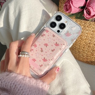 Япония и Южная Корея применимы iPhone15ProMax яблоко 13 розовый цветок кошка магнитный всасывающий пакет PU кожаный чехол для телефона 14