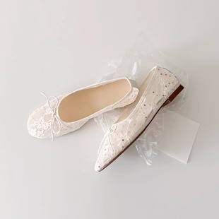 Sheepskin Version ~ French Mesh Breathable Lace Bow Ballet Shoes Shallow-on Fairy Flat Shoes