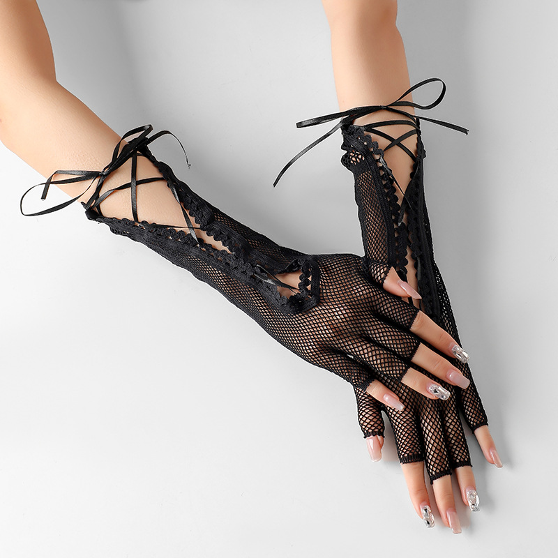 Women's summer sexy mesh strap gloves long half finger lace hollow gloves Halloween cos European and American gloves
