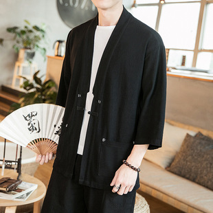 Chinese Style Summer new men's loose three-quarter sleeve cardigan solid color Hanfu Japanese style plus size retro robe kimono