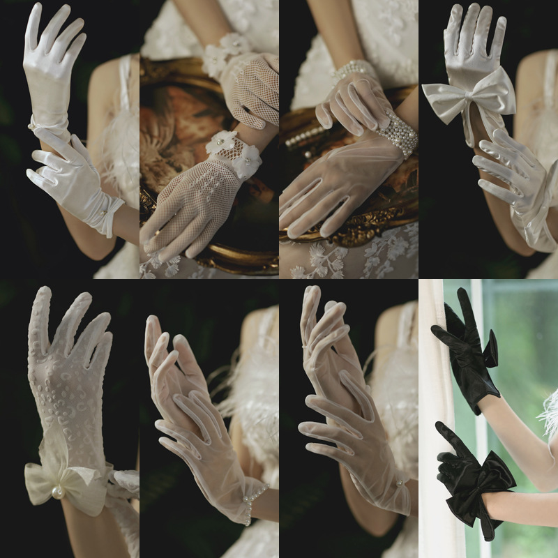 Wedding gloves evening black Bridal Pearl short ebay short finger women's short yarn lace hollow satin bridal style