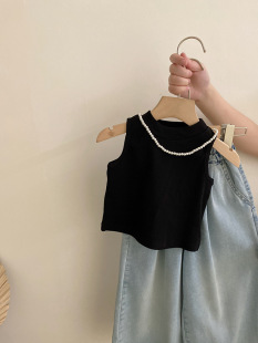 Korean Style Girls Summer New Sleeveless Solid Color All-match Vest 2025 Loose Wide Leg Lace Jeans Two-piece Set