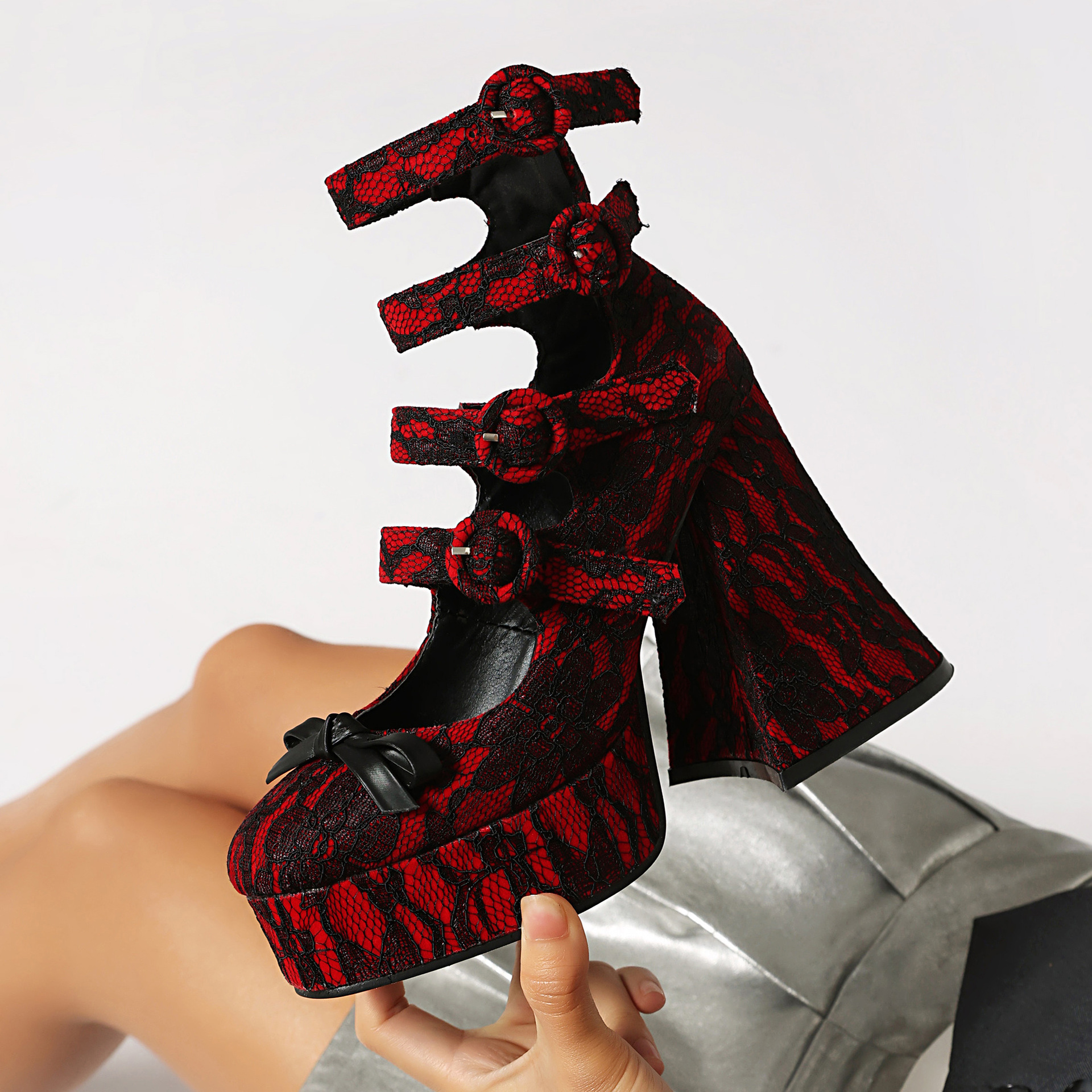 2025 Cross-border Thick High Heels Lace Platform Buckle Bow Mary Jane Women's Shoes Gothic Sweet Cool Style Single-layer Shoes
