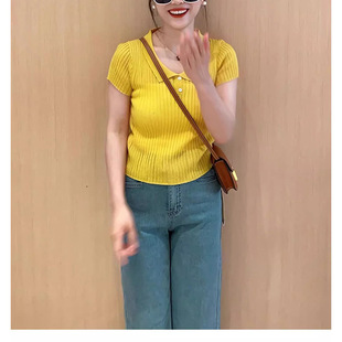 Vintage Hong Kong Style Red Knitted Ice Silk Short-sleeved Polo Shirt Women's T-shirt Summer Shoulder Slim-fit Slimming Short Top