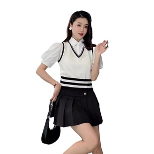 Shirt Sleeve Stitching Fake Two-piece Striped Knitted Sweater Women's Korean-style All-match Short Slim Tops for Summer 2024