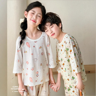 Summer 2025 Children's Pure Cotton Pajamas suit Boys' Air-conditioning Clothes Girls' Home Clothes Middle and Big Children's Seven-point Sleeve