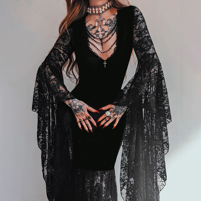 Xy24358 Dark Style Batwing Sleeve Lace Patchwork Velvet Dress New Gothic Style Cosplay Halloween Long Dress