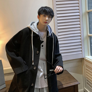 Mid-length over-the-knee woolen overcoat men's autumn and winter loose thickened woolen trench coat Japanese style cityboy hooded coat