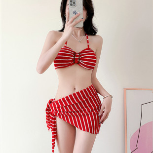 Swimsuit Women's Black and White Striped Bikini Split Three-piece Set Sexy Small Chest Sweet Slimming Beach Holiday Spa