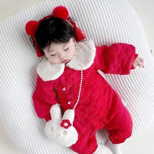 Baby New Year clothes winter clothes one month old one hundred days wish romper baby girl one year old dress romper fleece-lined New Year greeting clothes