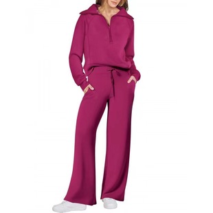 European and American foreign trade 2024 autumn and winter fashion leisure sports suit zipper long sleeve sweater wide leg pants two-piece women
