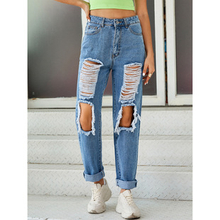 30339# Amazon Cross-border Women's Wear Europe and America INS Fashion High Waist Hole Straight Denim Pants Spring and Summer