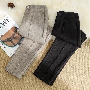 Woolen pants for children autumn and winter 2024 new high waist slimming fleece-lined thickened casual harem pants warm women's pants