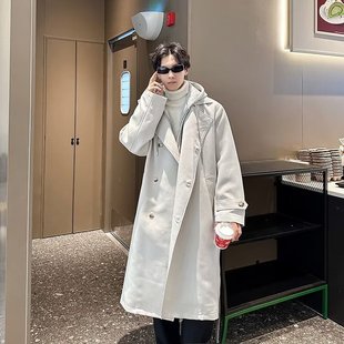 2025 New Hong Kong Style Winter Clothes Thickened Padded Fashion Easiest for Match Hooded Over-The-Knee Windbreaker Woolen Coat Jacket for Men