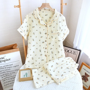 Lapel cotton gauze pajamas ladies summer short sleeve shorts set loose casual printing factory wholesale