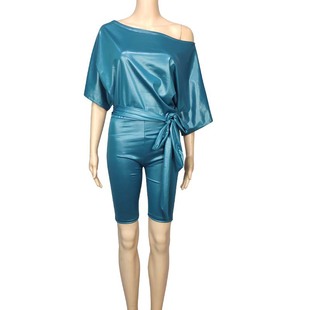 2024 Cross-Border Aliexpress Women's European and American Summer Black Imitation Pu Matte Imitation Leather Sloping Shoulder Jumpsuit with Belt