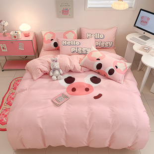 Cartoon Printed Pure Cotton Four-piece Set Cotton Three-piece Set Black Coal Ball Dormitory Bed Cover Bed Sheet Quilt Bedding
