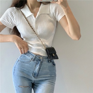 2 023 Summer New Internet Celebrity Slim Fit Slim Short Top Korean Retro Small Lapel Short Sleeve Knitted T-shirt for Women