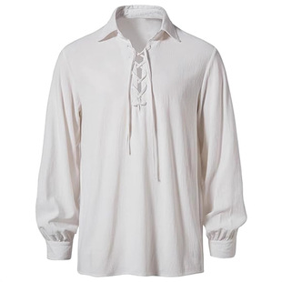 2025 Spring and Summer New Amazon European Size Men's Fashion Trendy Lace-up Lapel Long-sleeved Hippie Casual Shirt for Men