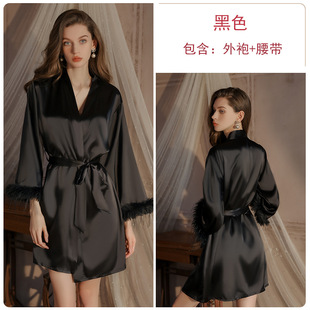 DZ Rose Satin Plush Stitching Silky Satin Loose Comfortable Strap Nightgown Light Luxury suit 4453