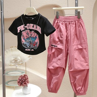 Girls' Summer Wear suit 2025 New Children's Short-sleeved Wide-leg Pants Internet Popular Foreign Style Summer Girls' Sports Children's Wear